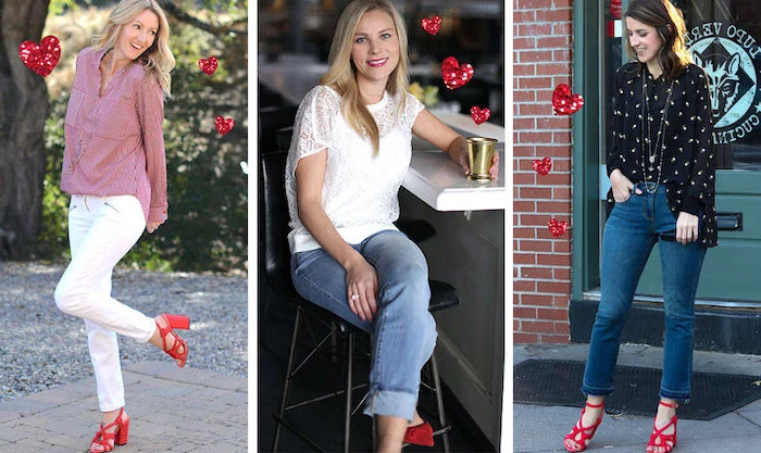 valentines day clothes, three side by side photos, women wearing different outfits, all three with red sandals