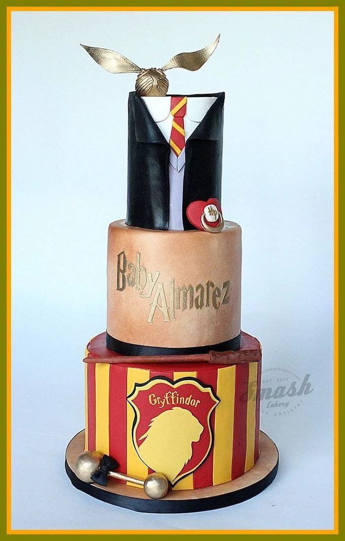 three tier gryffindor cake, bottom layer made with red and yellow fondant, easy harry potter cake, gryffindor uniform top tier