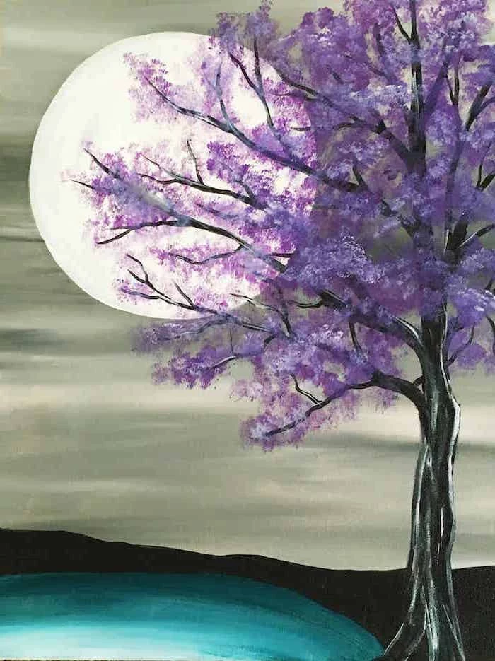 easy canvas painting ideas for beginners, black tree with purple leaves, large moon in the background, grey sky