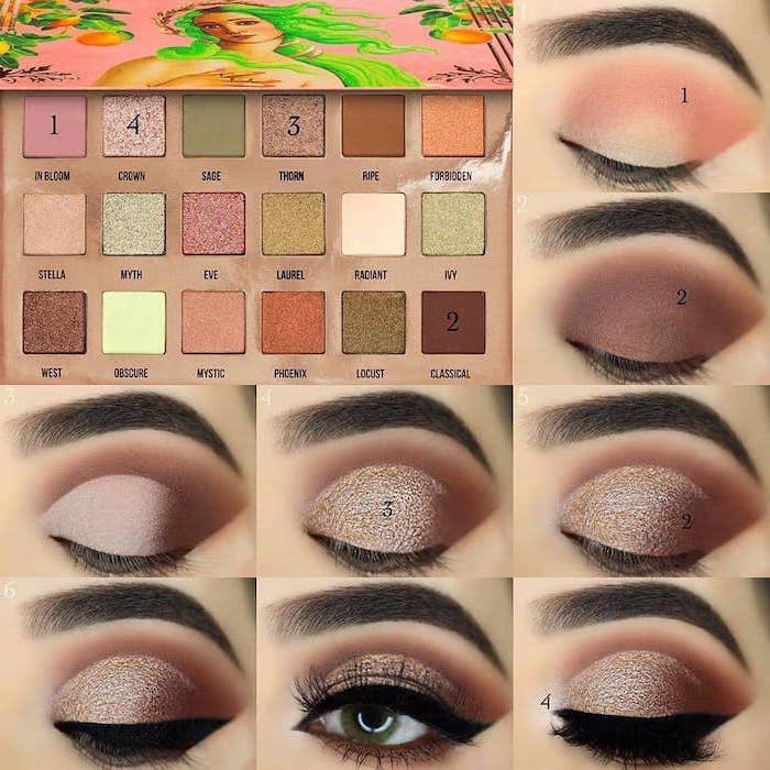 golden brown eyeshadow colors, nude eyeshadow look, black cat eyeliner, step by step diy tutorial, woman with green eyes