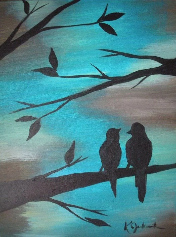 two birds standing on a tree branch, easy canvas painting ideas for beginners, grey and blue background