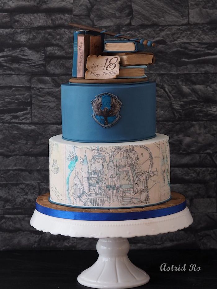 two-tier-harry-potter-cake-with-blue-fondant-ravenclaw-map-of-hogwarts-book...