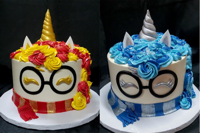 diy harry potter cake, side by side photos, unicorn gryffindor and ravenclaw cakes, made with red yellow and blue buttercream