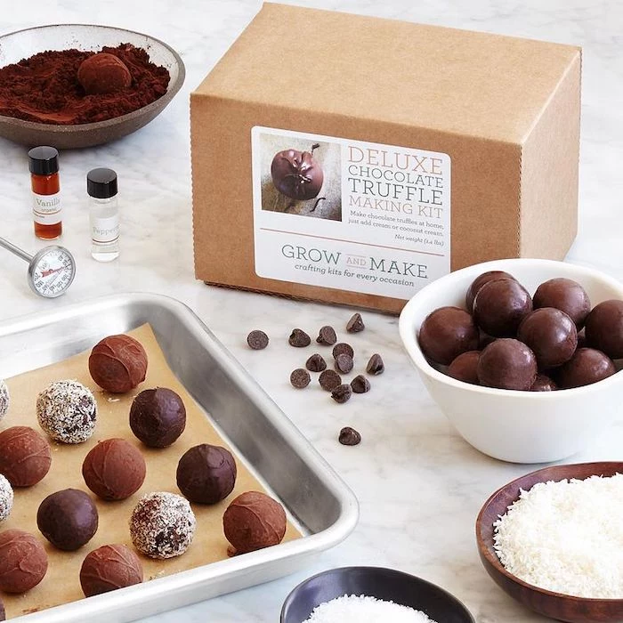 deluxe chocolate truffle making kit, unique valentines day gifts, truffles arranged on a pan, truffles in a bowl on the side