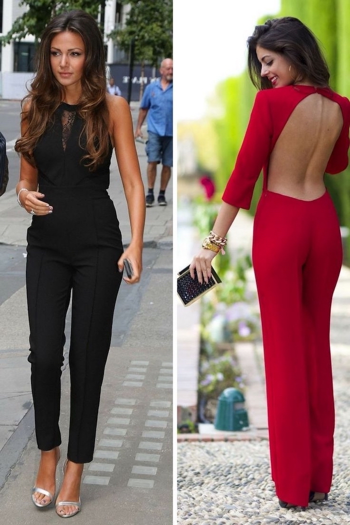 side by side photos, two women wearing jumpsuits, valentines day outfit girl, jumpsuits in red and black