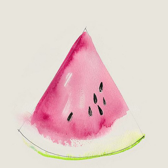 watercolor painting of watermelon slice, easy drawings for kids, colored in pink and green on white background