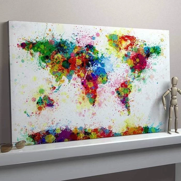 map of the world, white background, painted in different colors, easy canvas painting ideas for beginners, made with watercolors