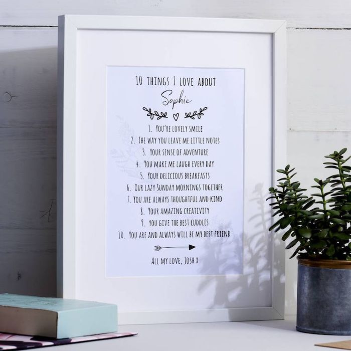 ten things i love about sophie, unique valentines day gifts, framed personalised poster, white wooden frame