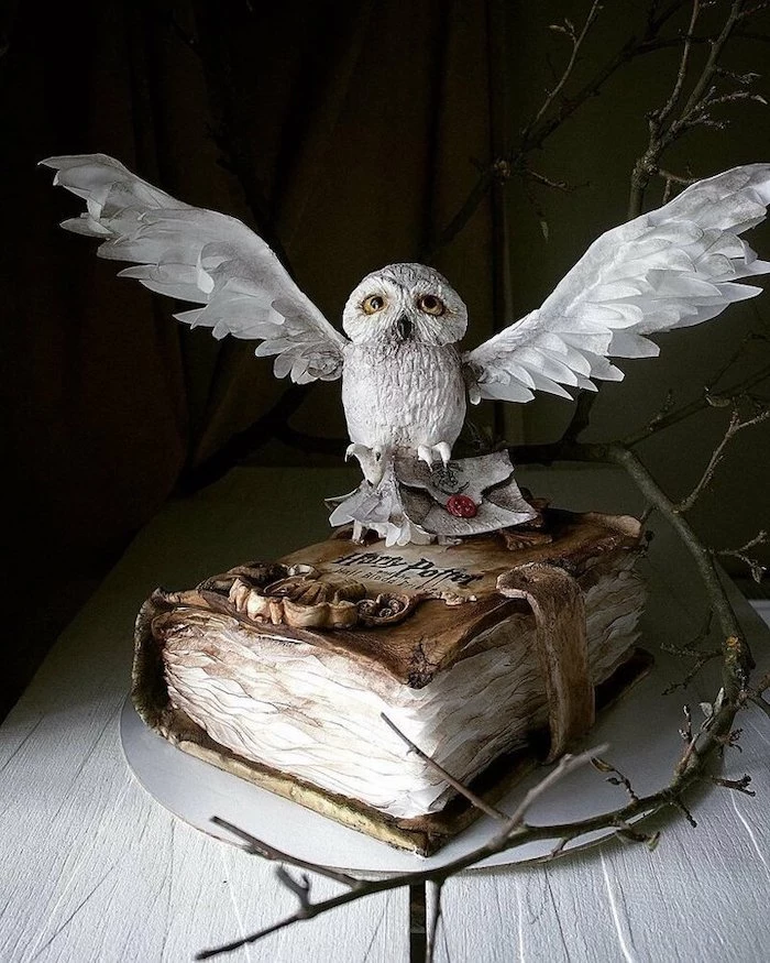 one tier cake in the shape of a book, hedwig the owl on top, harry potter birthday cake ideas, placed on wooden surface