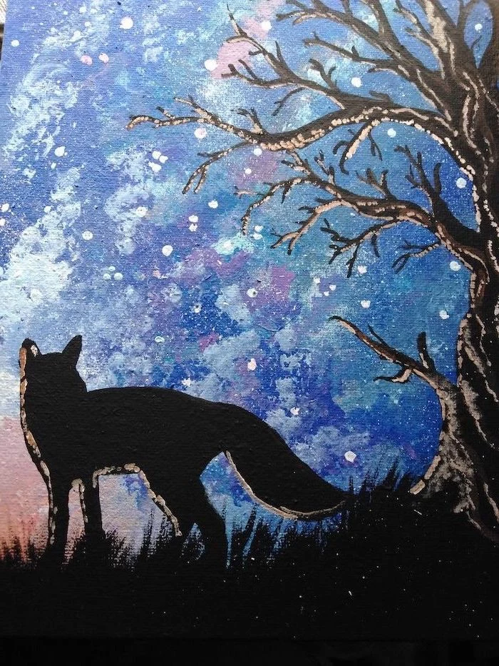 dark tree with no leaves, wolf standing under it, what to paint on a canvas, blue and pink sky