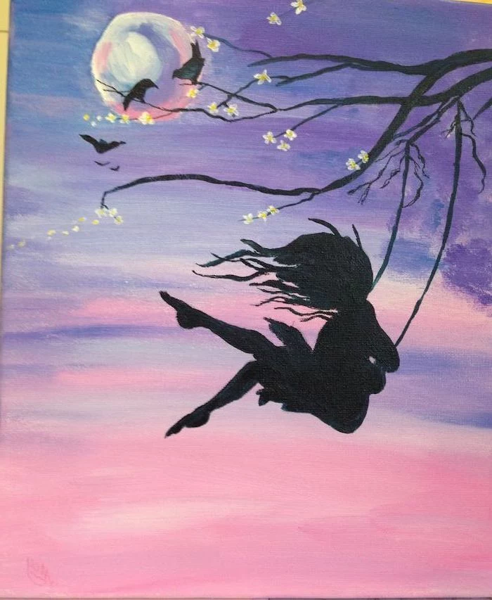 woman swinging on a swing, hanging from a tree branch, what to paint on a canvas, moon in the purple pink sky