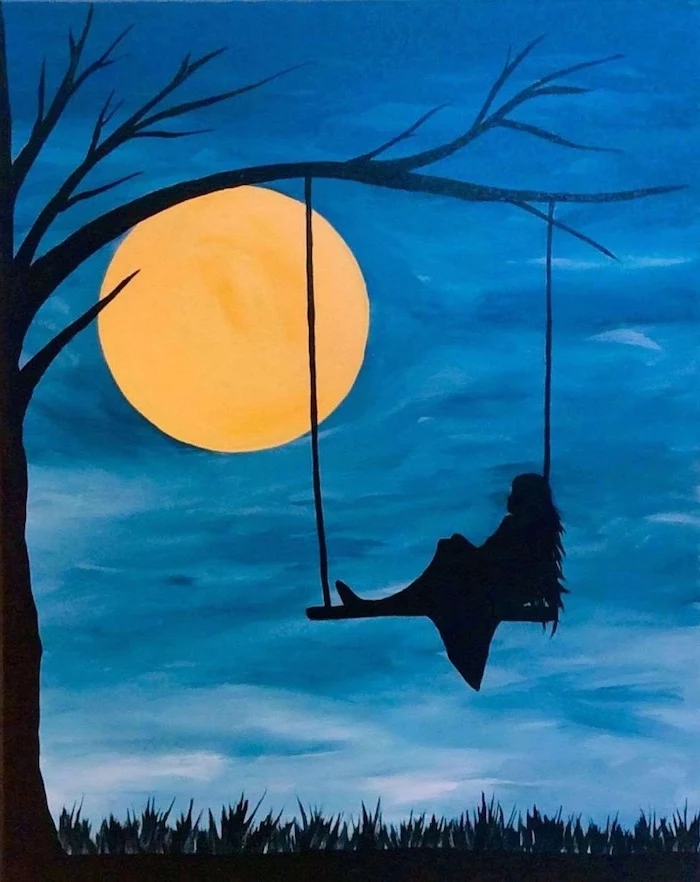 woman swinging on a swing, hanging from tree branch, large moon in the sky, what to paint on a canvas, blue background