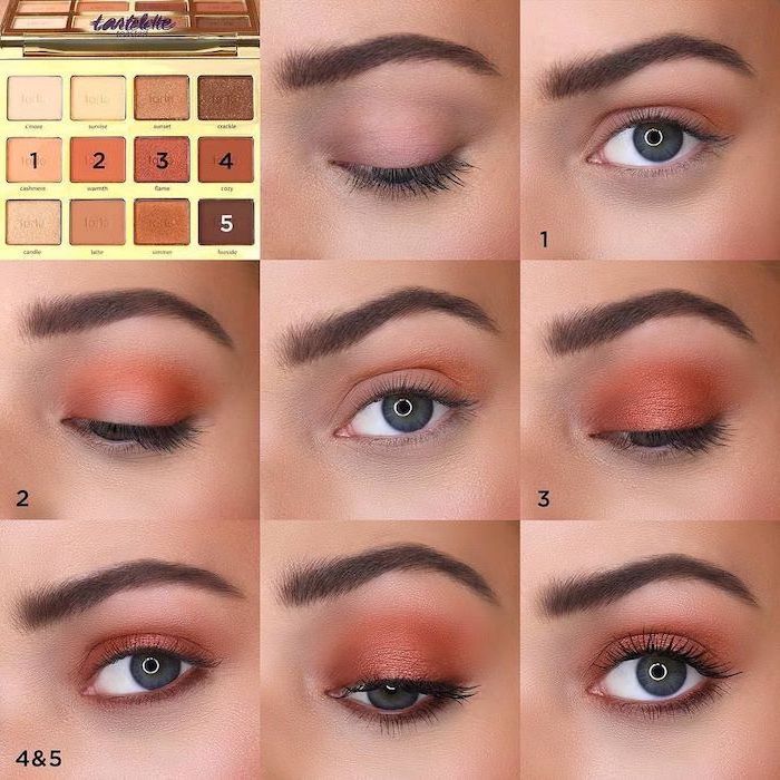 photo collage of step by step diy tutorial, orange golden eyeshadow colors, colorful eyeshadow, woman with green eyes