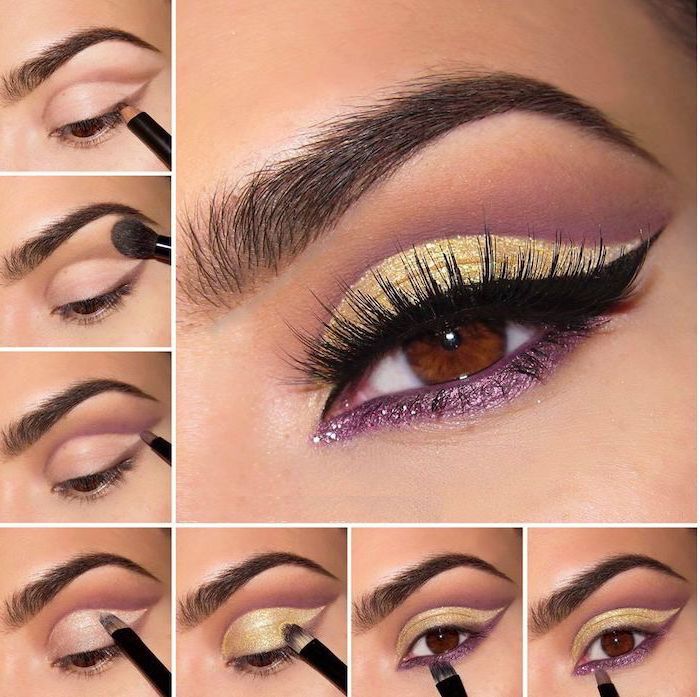 yellow and purple glitter eyeshadow colors, black cat eyeliner, colorful eyeshadow, photo collage of step by step diy tutorial