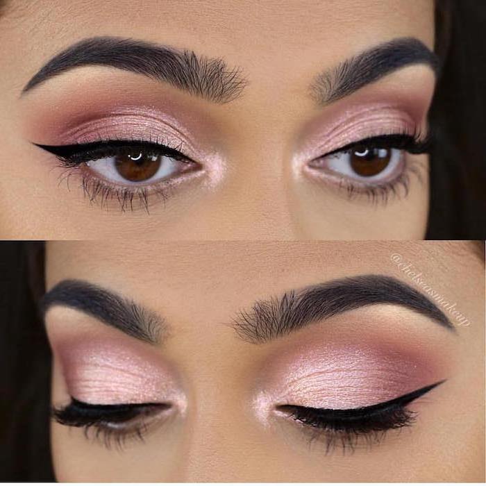 rose gold pink eyeshadow colors, black cat eyeliner, woman with brown eyes, thick black eyebrows, colorful eyeshadow