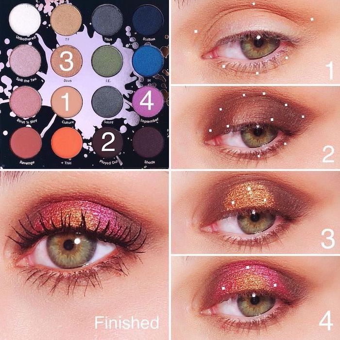 photo collage of step by step diy tutorial, gold smokey eye, woman with green eyes, pink golden glittery eyeshadow colors