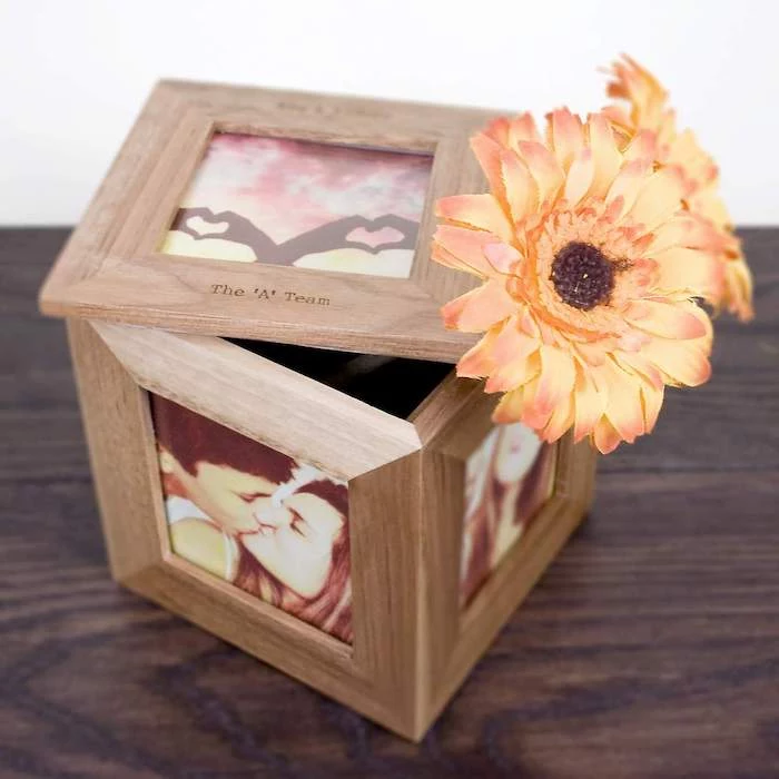 wooden square box, made of photo frames, two faux sunflowers inside, valentine's day gift ideas for her