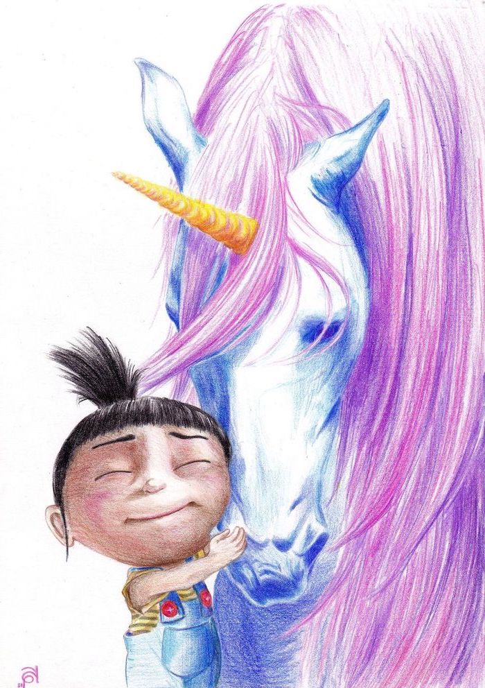 how to draw a unicorn, agnes from despicable me hugging a white unicorn, pink mane and gold horn, pencil sketch