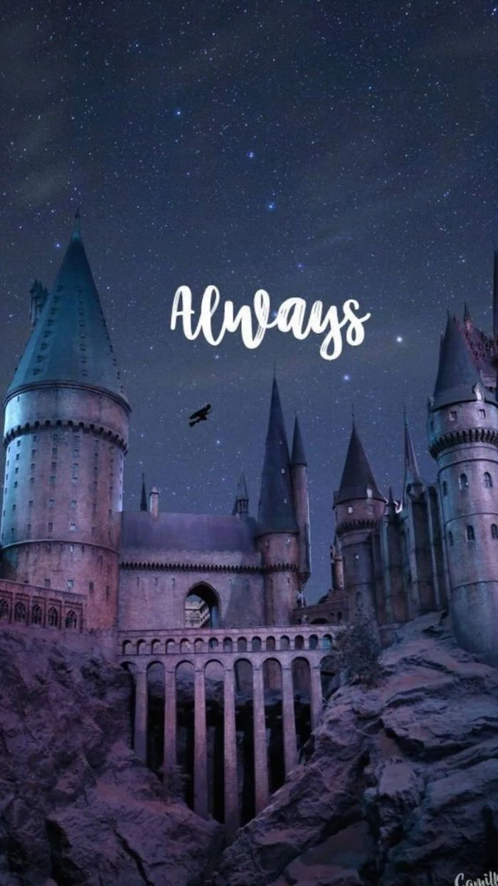 harry potter wallpaper, always written over an image of hogwarts at night, starry sky above it