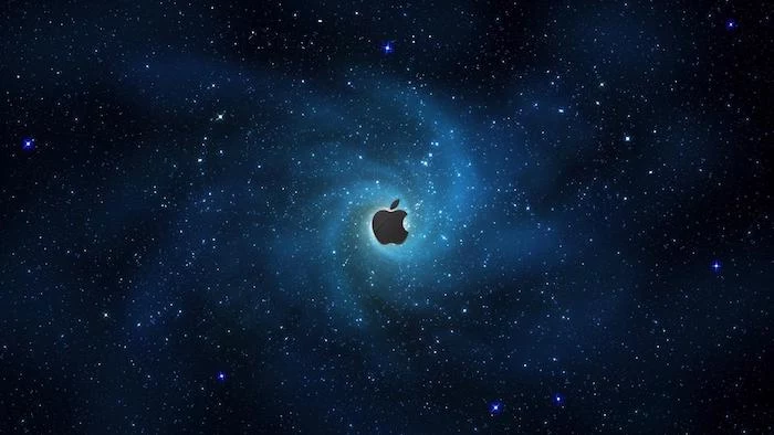 apple logo in the middle, cool galaxy backgrounds, dark aesthetic in blue and black, sky filled with stars