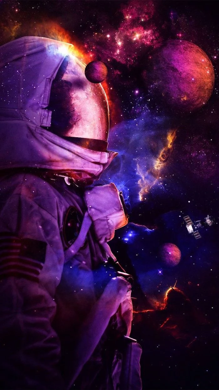 galaxy wallpaper, astronaut in a suit, in the middle of the galaxy, surrounded by planets and stars, sky filled with stars