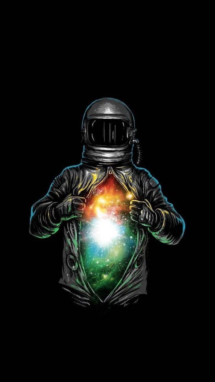 cartoon image of an astronaut, opening his suit to reveal a galaxy, cute galaxy wallpaper, black background