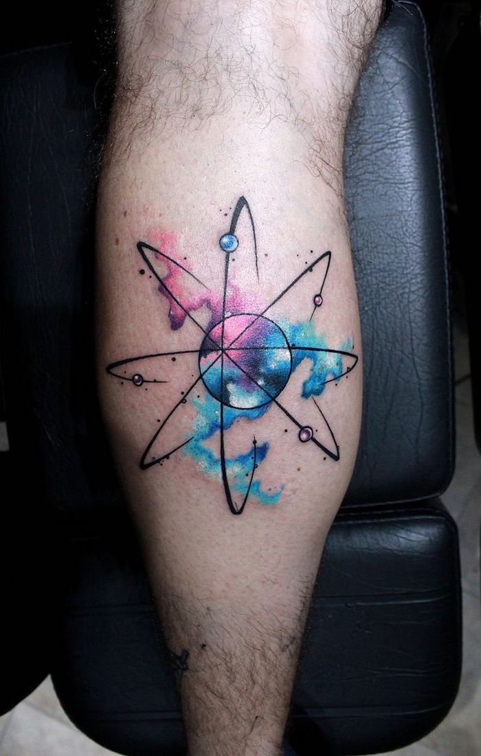 tattoo on the back of the leg, space tattoo sleeve, the big bang in blue and purple, pink and turquoise