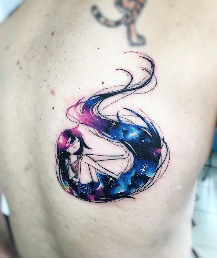 girl with very long hair, galaxy in blue and pink inside her hair, space tattoo sleeve, back tattoo