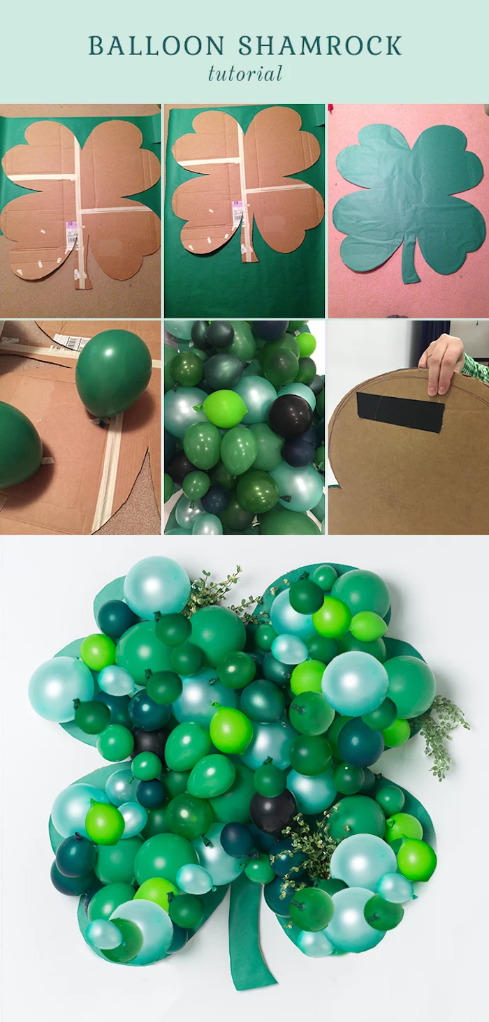 happy st patrick's day, photo collage of step by step diy tutorial, balloon shamrock wall decoration