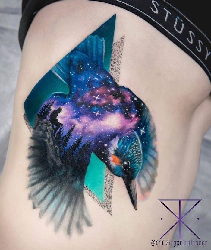 rib cage tattoo, flying bird silhouette, man sitting on a hill under a galaxy sky, galaxy tattoo, multi colored tattoo