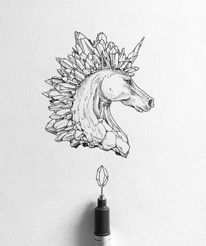 black and white pencil sketch, how to draw a unicorn, unicorn with crystals for mane, drawn on white background