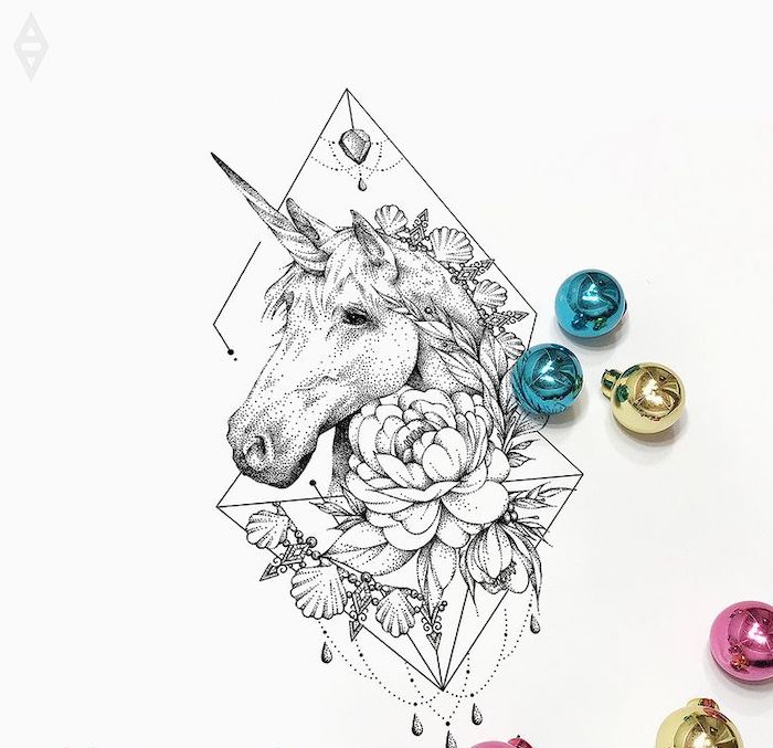 black and white pencil sketch of a unicorn, unicorn drawing easy, surrounded by flowers, blue gold and pink baubles around it