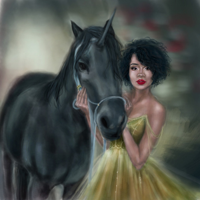 woman wearing a yellow dress, standing next to a black unicorn, cute unicorn drawings, painting on dark background