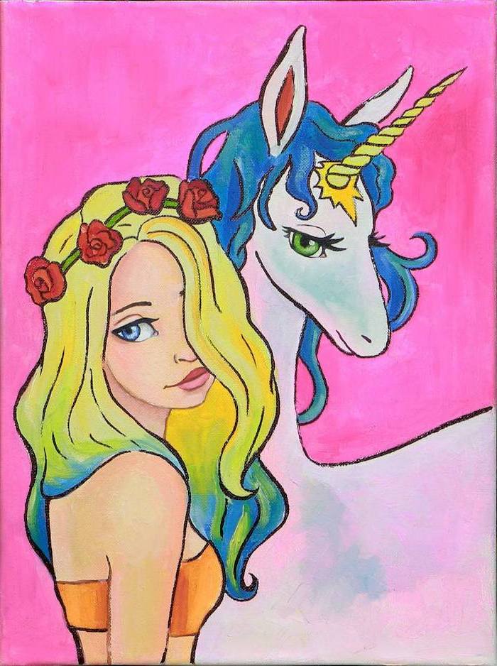 blonde woman wearing red floral crown, standing next to a unicorn with blue mane, cute unicorn drawings, drawn on pink background