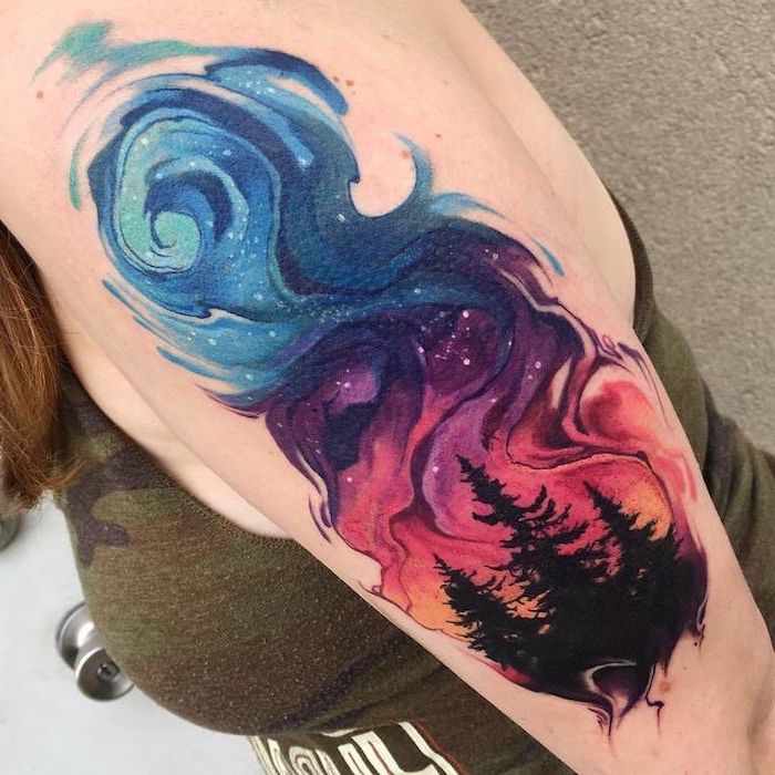 tall trees under galaxy sky, moon and stars tattoo, blue purple and orange sky with stars, watercolor shoulder tattoo