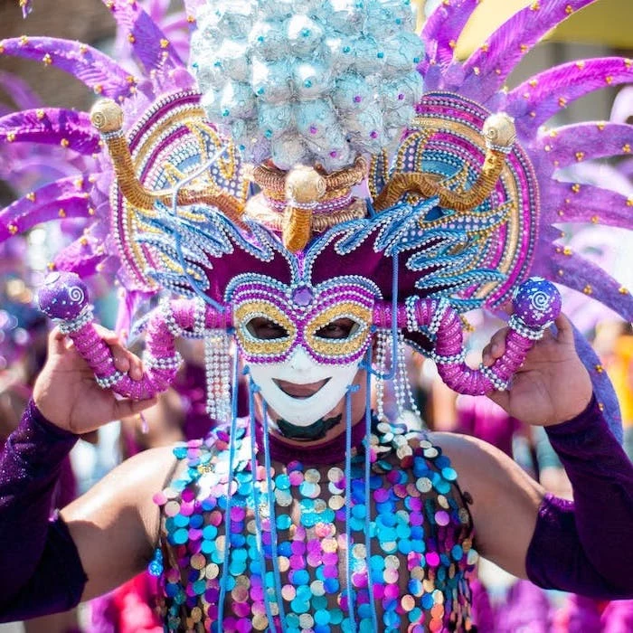 full costume decorated with colorful sequins, large mask and hat, mardi gras mask, decorated with glitter and rhinestones