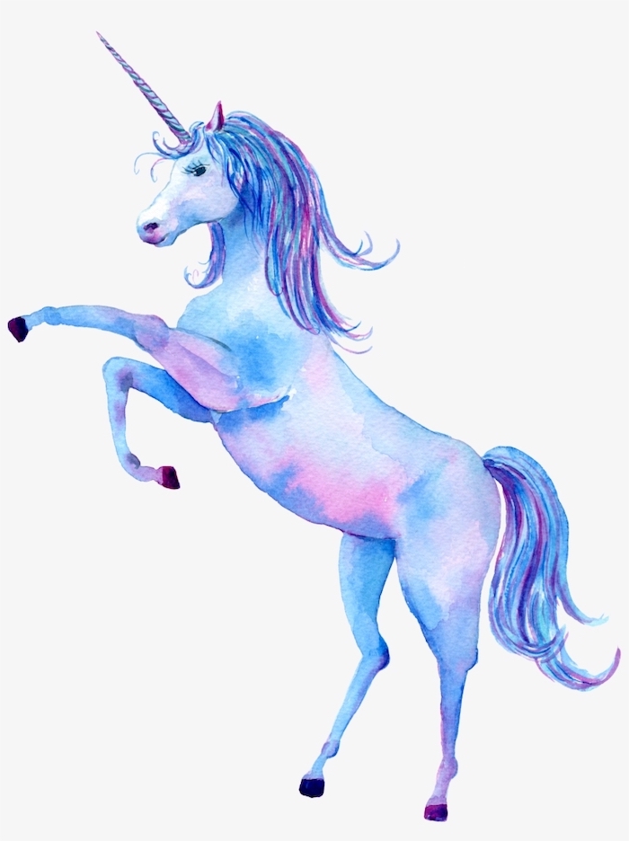 watercolor painting of a unicorn, cute unicorn drawings, blue and pink hues, painted on white background