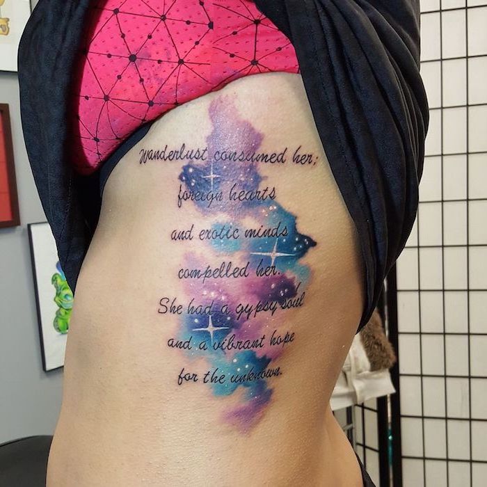 quote written over galaxy background, rib cage tattoo, moon and stars tattoo, woman wearing black and pink top