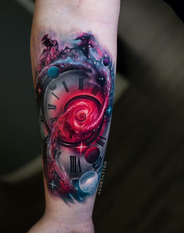 watch with roman numerals in the middle of a galaxy, surrounded by planets and stars, galaxy tattoo, forearm tattoo