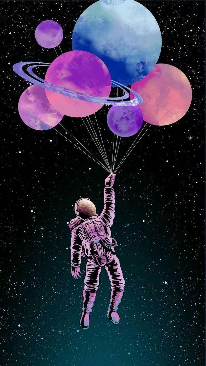 cartoon image of an astronaut, holding a bunch of planet shaped balloons, cute galaxy wallpaper, dark sky with stars background