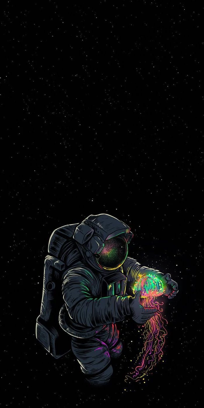 galaxy wallpaper iphone, cartoon image of an astronaut, holding a colorful glowing jelly fish, black background with stars