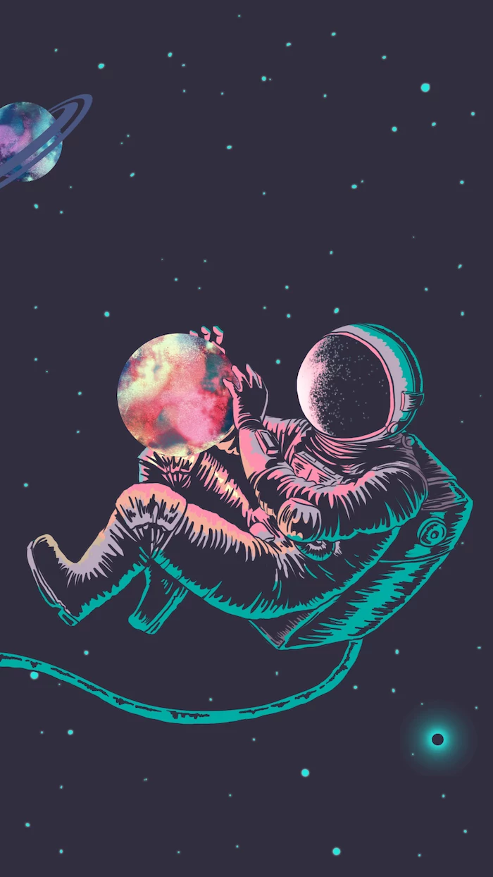 cartoon image of an astronaut in space, holding a colorful planet in his hands, galaxy wallpaper iphone, black background