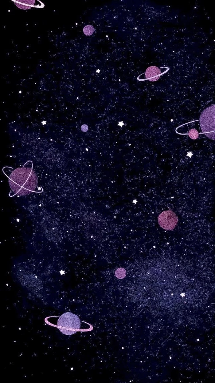 cartoon image of different planets, galaxy wallpaper iphone, stars on dark black and purple background