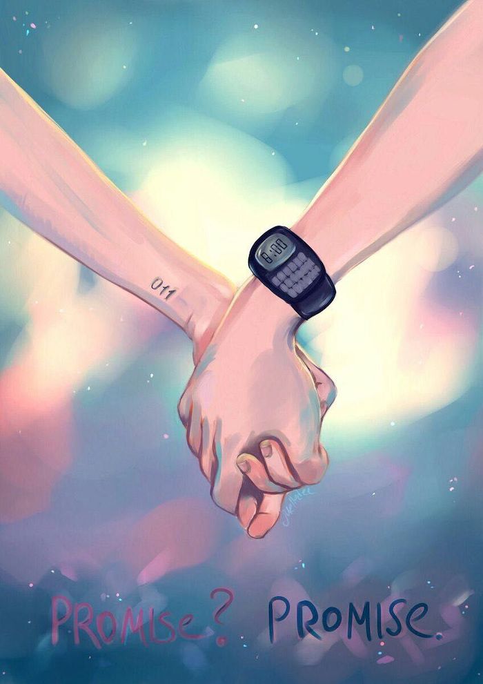 cartoon image of eleven and mike holding hands, stranger things wallpaper, promise written underneath