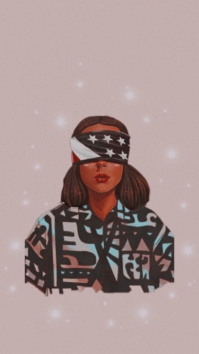 cartoon image of eleven, wearing a usa flag blindfold, stranger things wallpaper, blush pink background