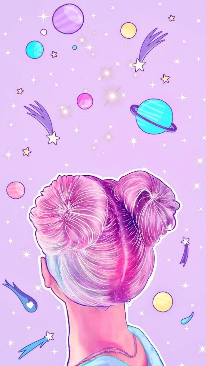 cartoon image of a girl with pink har in two buns, space wallpaper iphone, surrounded by planets and shooting stars