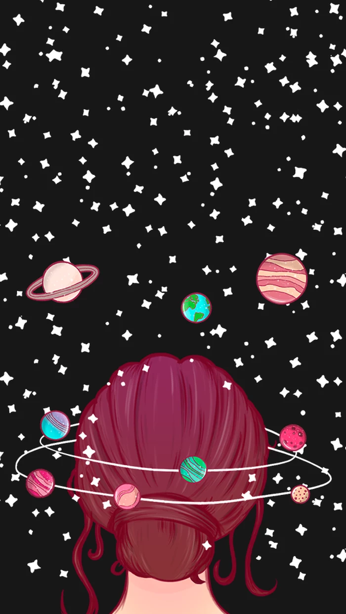 galaxy wallpaper iphone, cartoon image of a girl with red hair in a bun, surrounded by planets and stars, black background