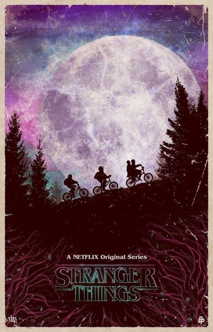 et inspired poster, stranger things wallpaper season 3, lucas dustin mike and eleven, riding their bikes up a hill