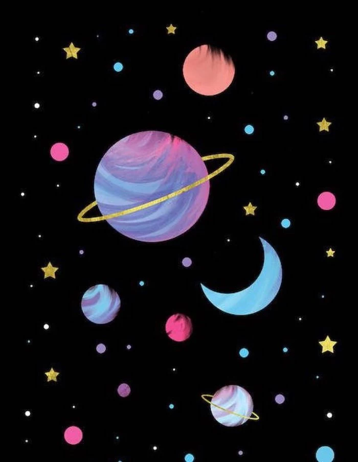 cartoon image of different planets and stars, galaxy wallpaper iphone, black background