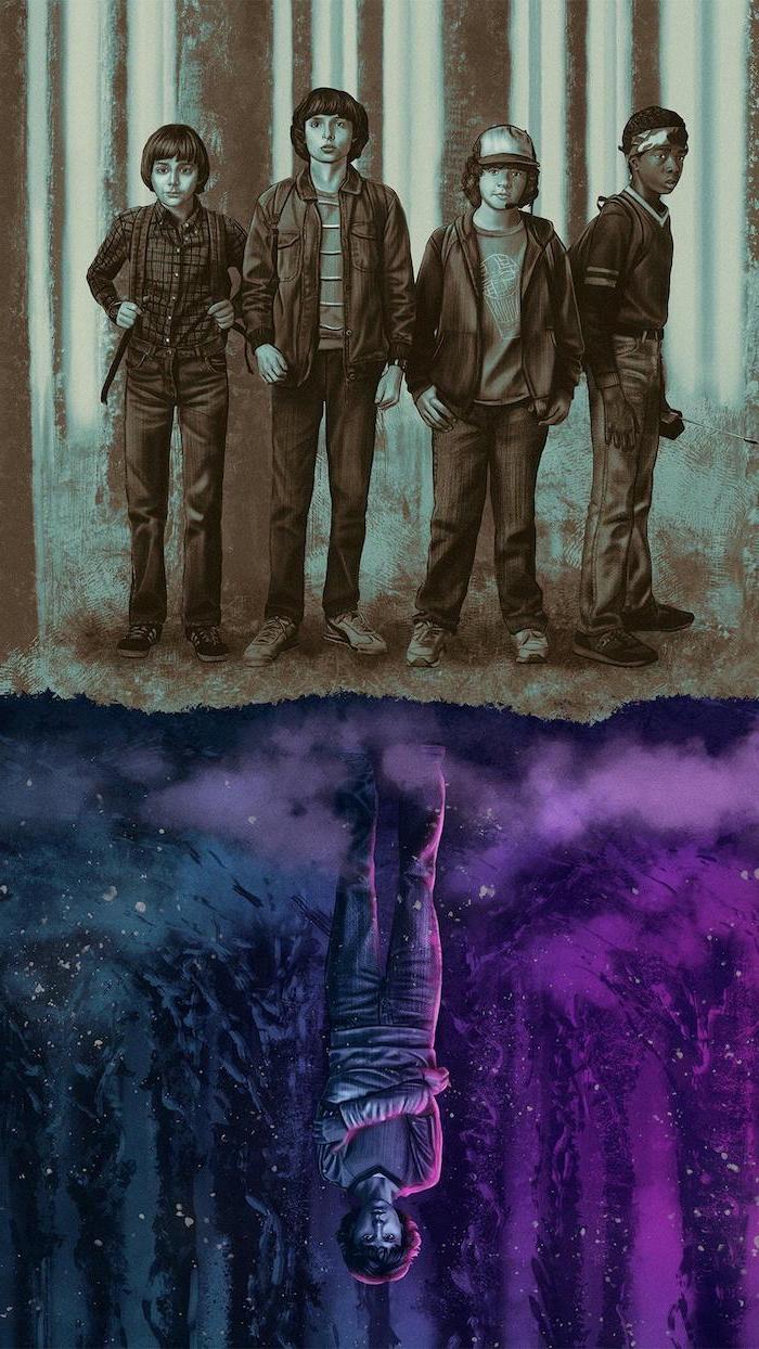 cute stranger things wallpaper, will mike dustin and lucas, standing in the forest, eleven in the upside down